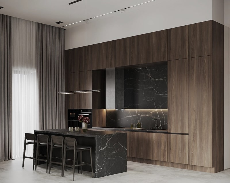 Không gian phòng bếp được thiết kế với tông đen sang trọng Không gian phòng bếp được thiết kế với tông đen sang trọng