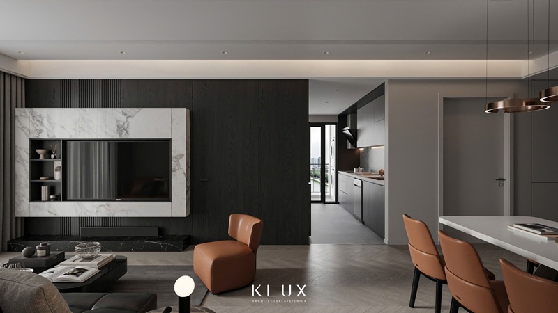 Nội thất màu cam tạo điểm nhấn ấn tượng trên nền màu tối chủ đạo 