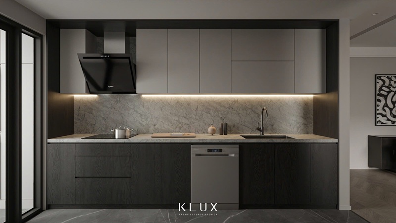 Không gian bếp tối giản sử dụng hệ thống đèn Led ấm cúng 