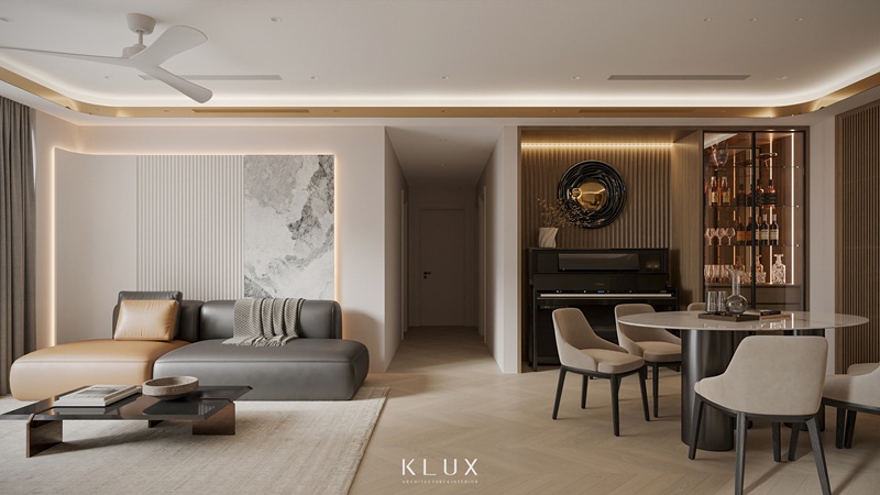 Sự liên thông giữa phòng khách và bàn ăn giúp tối ưu hóa không gian