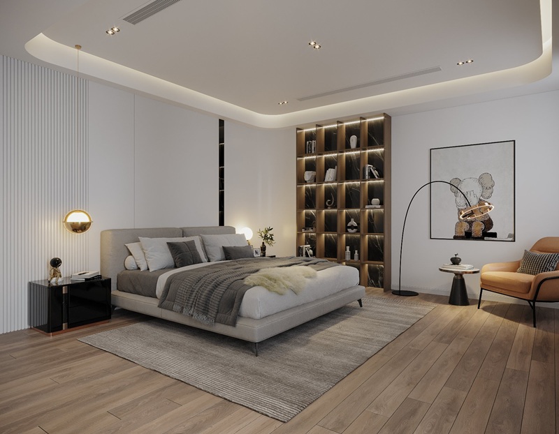 Phòng ngủ master rộng rãi kết hợp cùng hệ thống ánh sáng mang đến cảm giác thư giãn cho gia chủ 