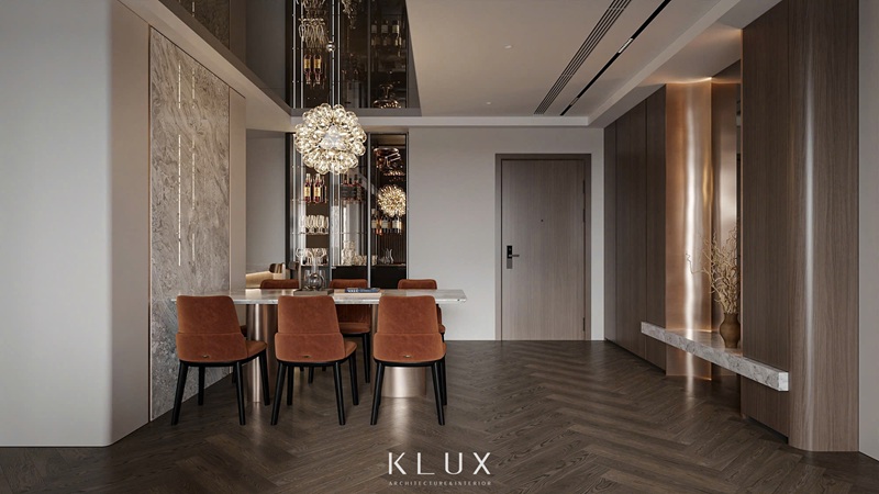 Khu vực bàn ăn trang trí đèn chùm kết hợp tủ rượu sang trọng 