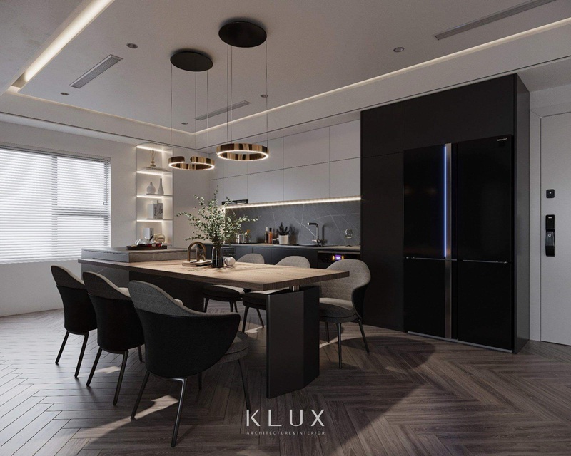 Không gian phòng bếp được thiết kế liên thông với phòng khách