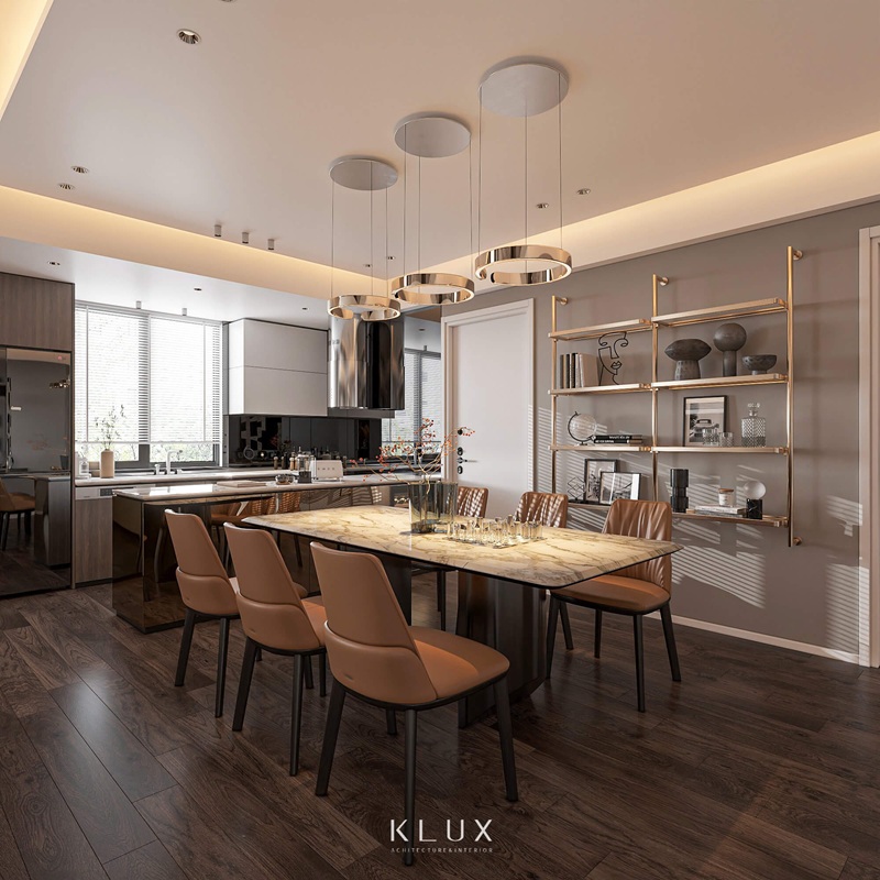 Không gian bếp hiện đại bố trí thêm khu vực bàn đảo tăng khả năng lưu trữ
