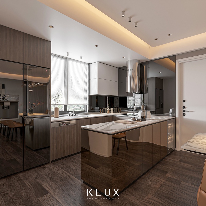 Thiết kế khu vực phòng bếp với hệ bàn đảo tiện lợi, tận dụng ánh sáng tự nhiên 