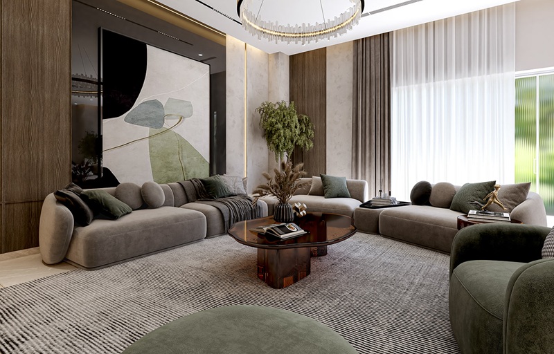 Bức tranh trừu tượng ấn tượng tạo điểm nhấn nổi bật cho không gian 