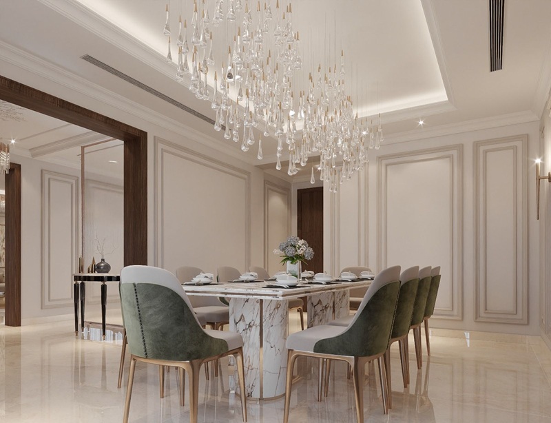 Không gian phòng ăn sang trọng, đẳng cấp với hệ thống ánh sáng vàng ấm áp 