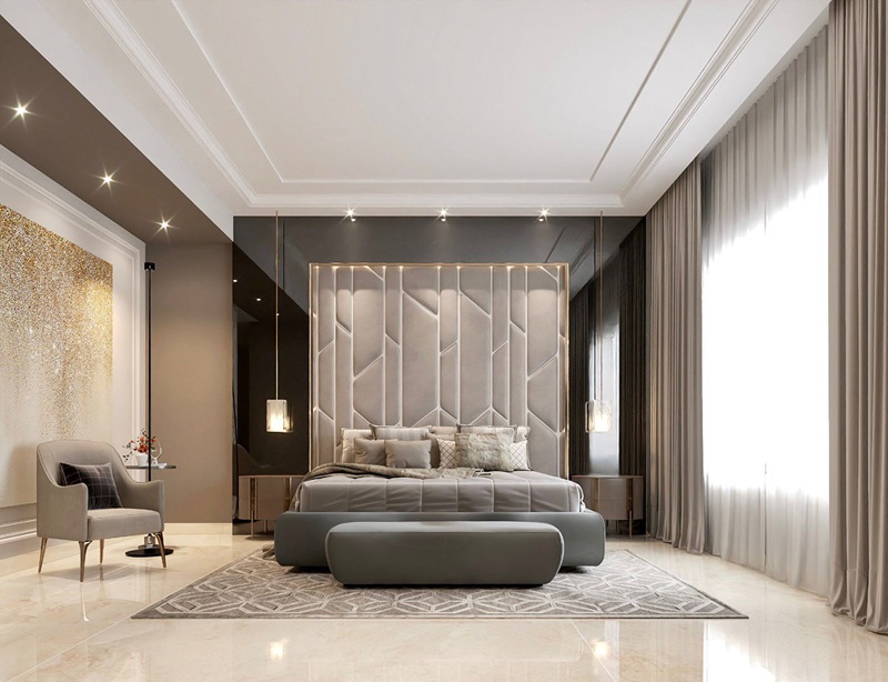 Nội thất phòng ngủ master tập trung vào các đường nét mềm mại, uyển chuyển 
