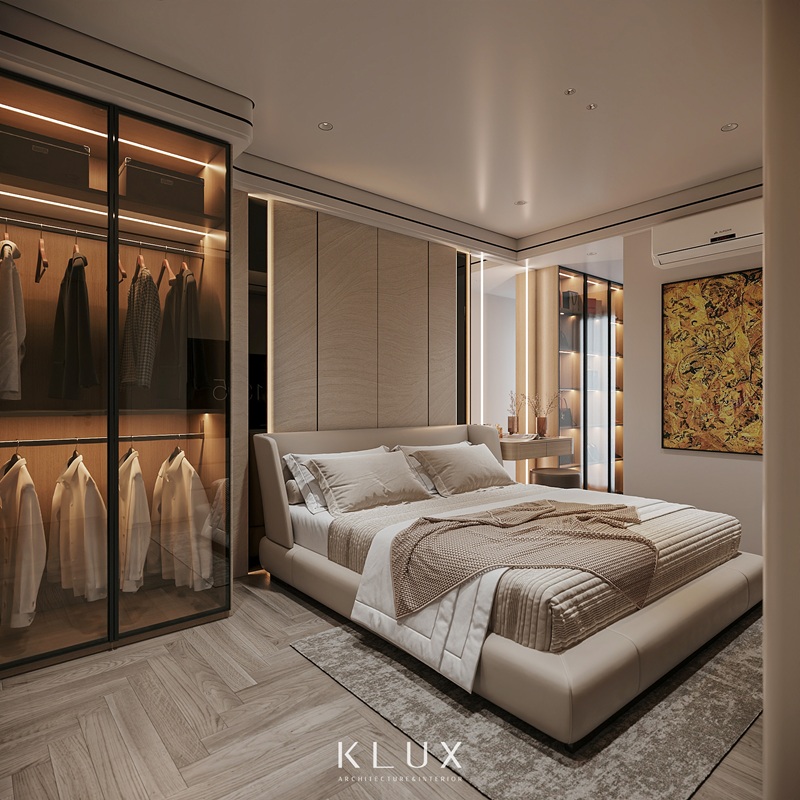 Thiết kế phòng ngủ master phong cách hiện đại với hệ tủ quần áo vách kính trong suốt