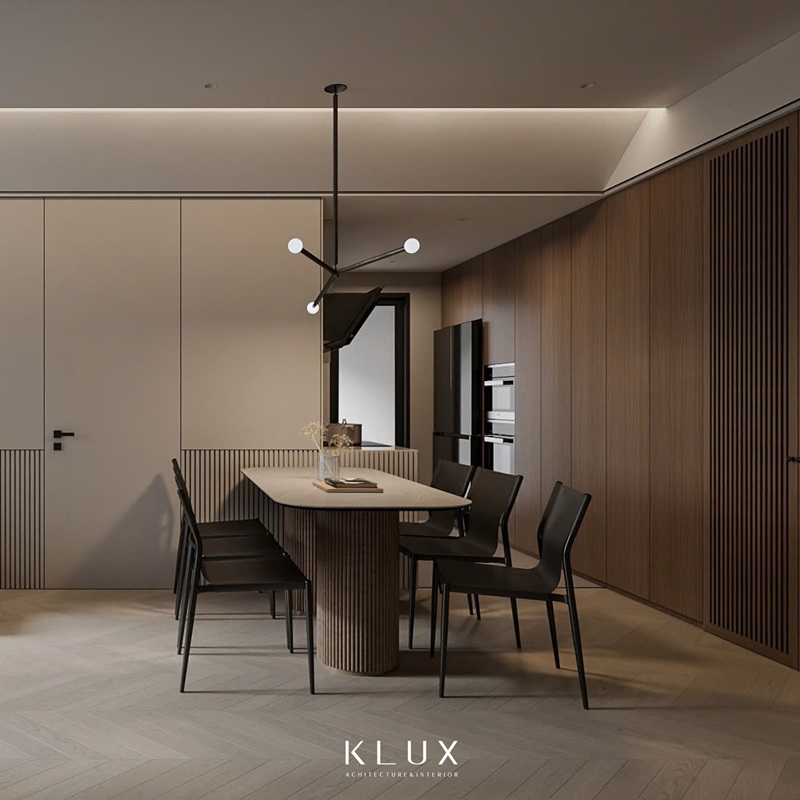 Không gian bếp được tách biệt rõ ràng với phòng khách