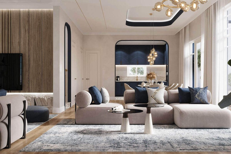 Thiết kế phòng khách tân cổ điển với các đường nét tinh gọn 