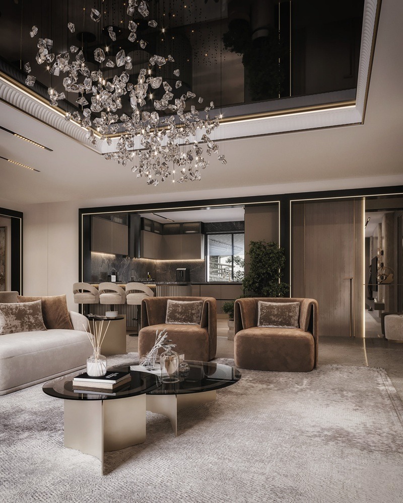 Không gian phòng khách đẳng cấp với hệ trần gương sang trọng 