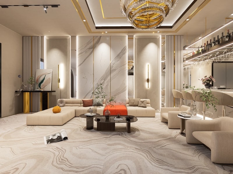 Phòng khách Luxury sử dụng hệ thống đèn chiếu sáng tăng thêm vẻ đẹp lộng lẫy cho không gian