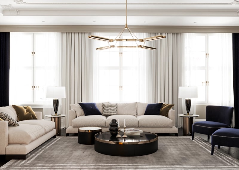 Không gian phòng khách với các chi tiết mạ vàng ánh kim 