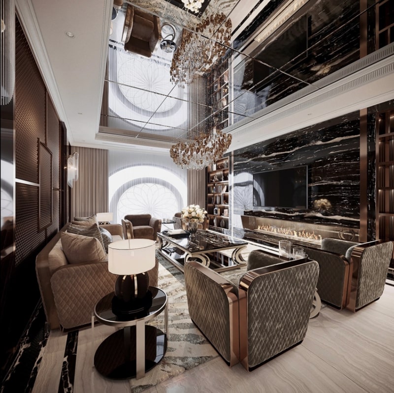 Hệ trần gương sang trọng kết hợp cùng mảng vách tường ốp đá tạo điểm nhấn thu hút 