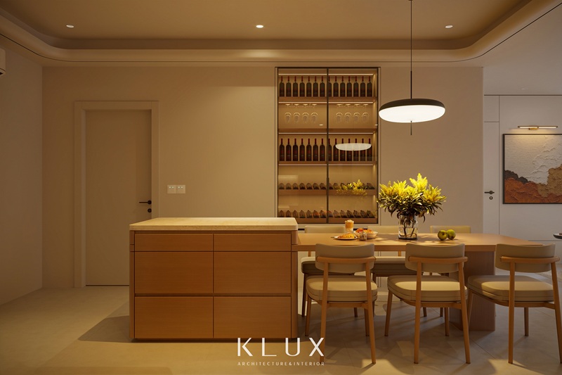 Thiết kế nội thất căn hộ 130m2 với hệ tủ rượu cánh kính cao cấp 