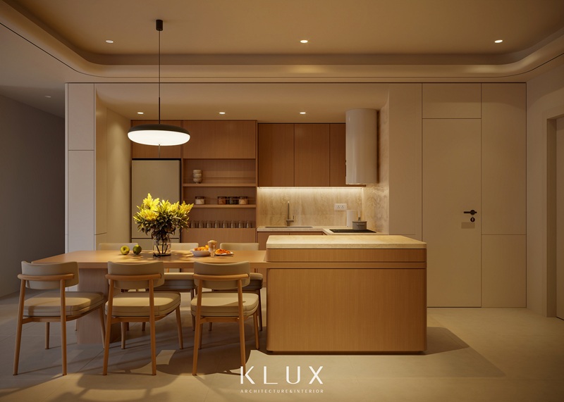 Khu vực bàn đảo nối liền với bàn ăn tạo thành một hệ công năng xuyên suốt