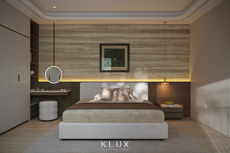 Phòng ngủ master sử dụng tông màu gỗ trầm làm chủ đạo 