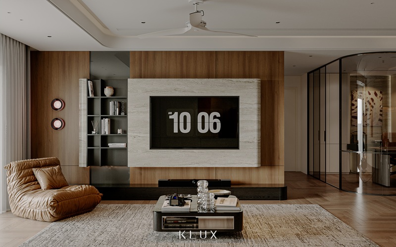 Vật liệu gỗ kết hợp cùng các gam màu sắc trung tính tạo sự đồng nhất cho không gian