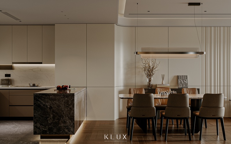 Hệ bàn đảo vân đá ngăn cách phòng khách và bếp nhưng vẫn đảm bảo sự liền mạch với nhau