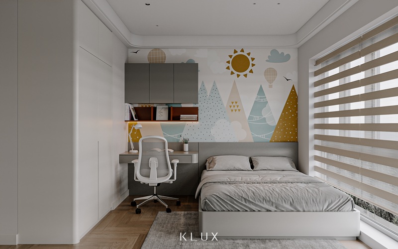 Phòng ngủ con đơn giản với họa tiết trang trí dễ thương