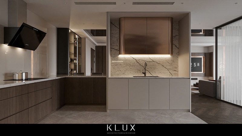 Không gian phòng bếp được phân tách riêng biệt nhưng vẫn tạo sự đồng bộ với tổng thể không gian 