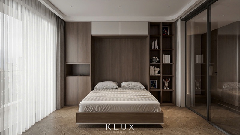 Phòng ngủ nhỏ đơn giản với hệ tủ gỗ trang trí gọn gàng tinh tế