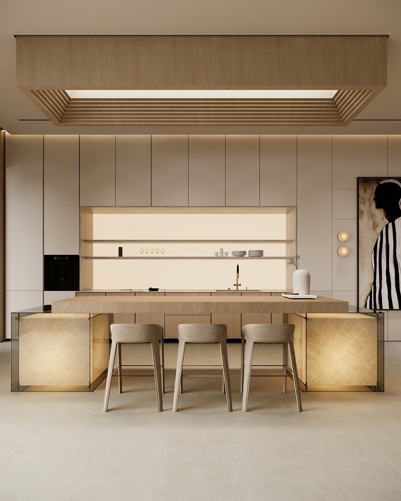 Không gian phòng bếp hiện đại sang trọng mà vẫn rất ấm cúng