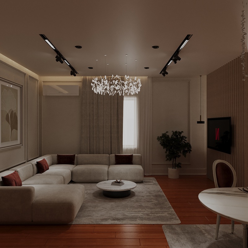 Không gian phòng khách tân cổ điển giống như một bản giao hưởng giữa ánh sáng và vật liệu