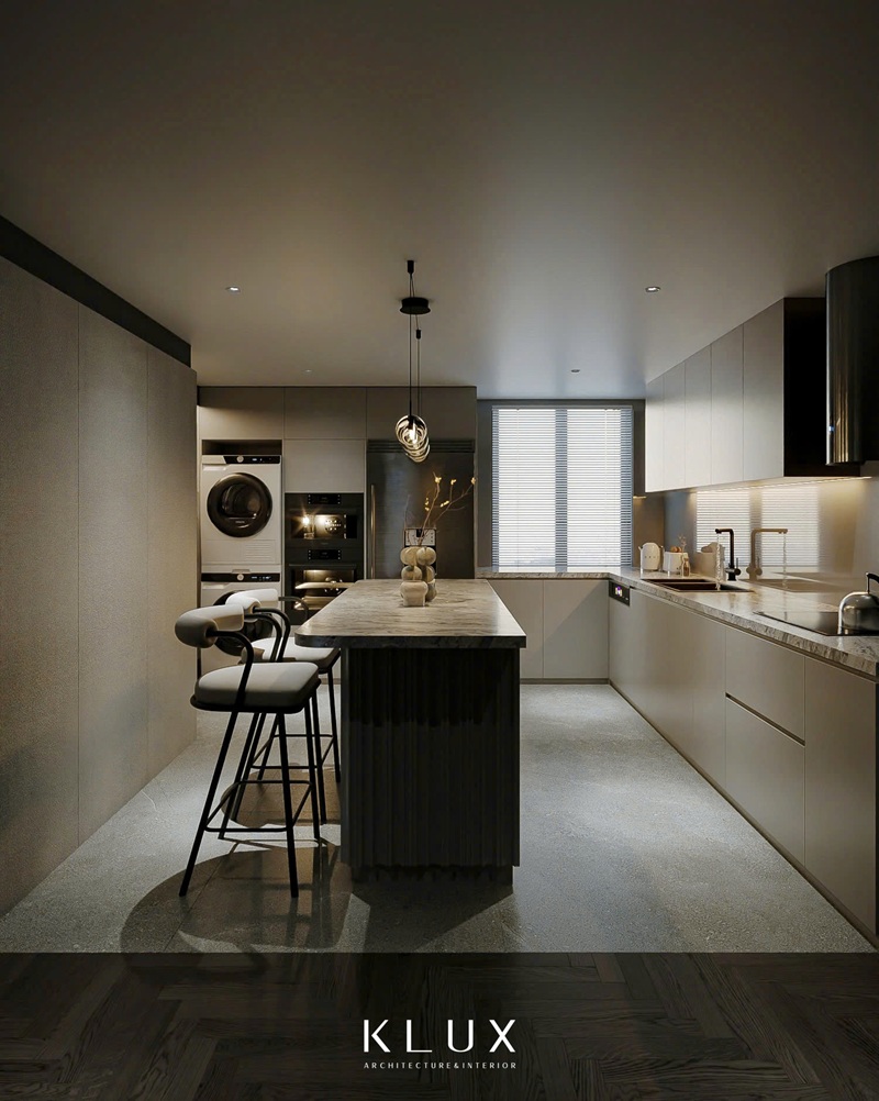 Không gian phòng bếp hiện đại được ngăn cách riêng biệt với phòng khách