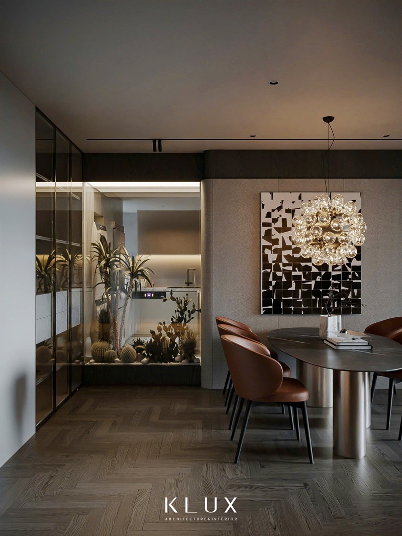 Bố trí hệ tiểu cảnh ngăn cách giữa phòng khách và bếp