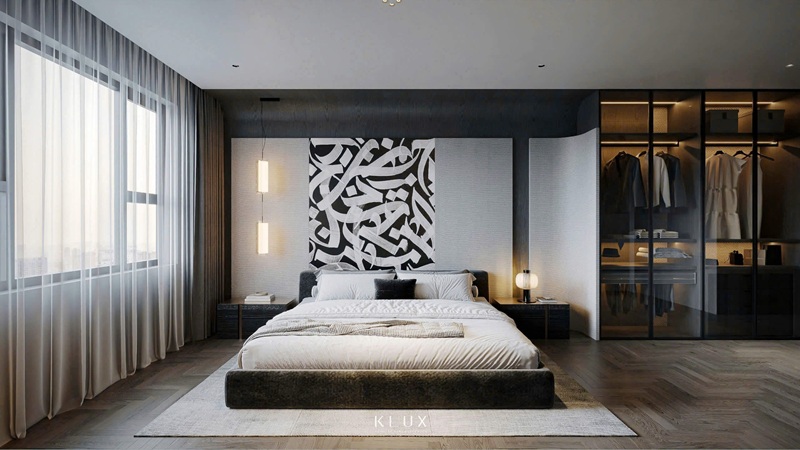 Không gian phòng ngủ master bố trí hệ tủ quần áo cánh kính sang trọng Không gian phòng ngủ master bố trí hệ tủ quần áo cánh kính sang trọng