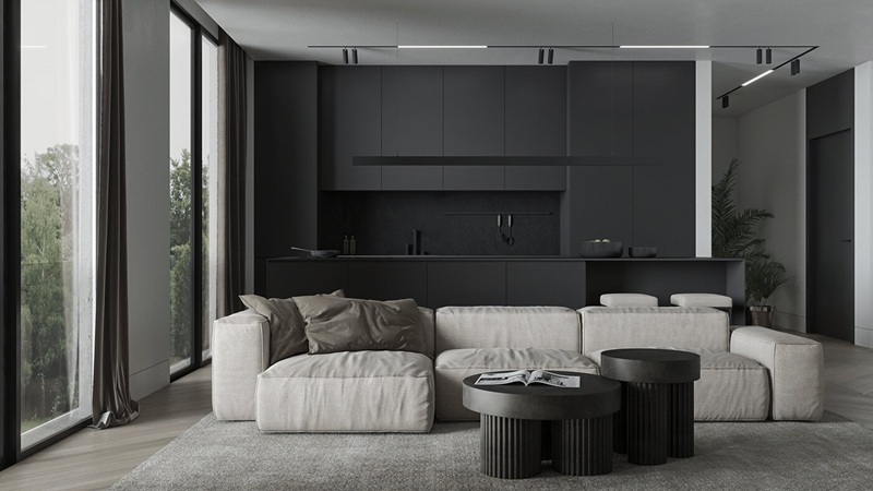 Thiết kế nội thất căn hộ tối giản với tông màu tối chủ đạo