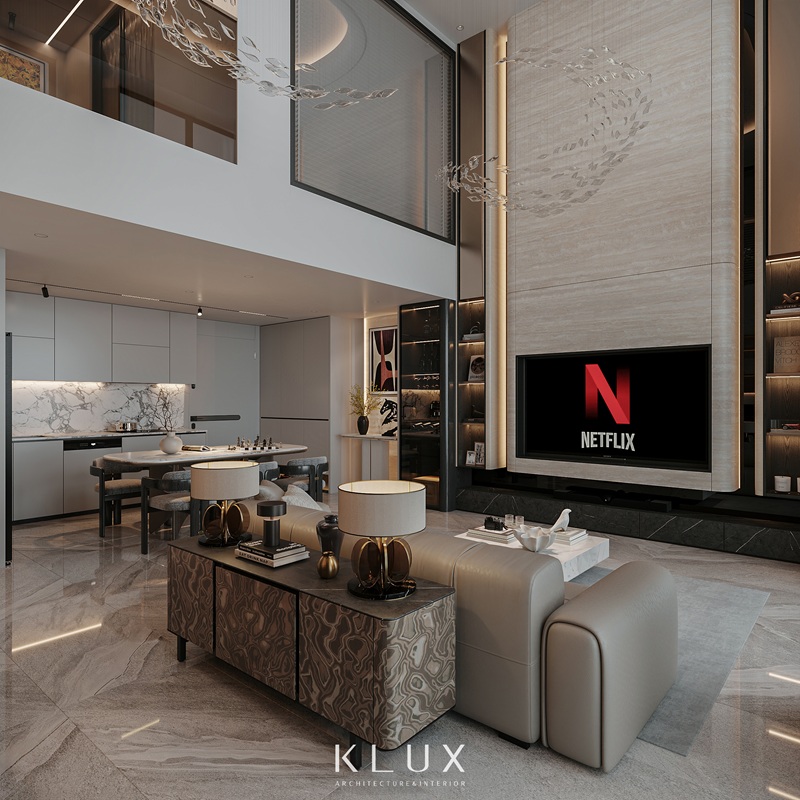 Thiết kế nội thất chung cư Ecopark liên thông phòng khách và bếp 