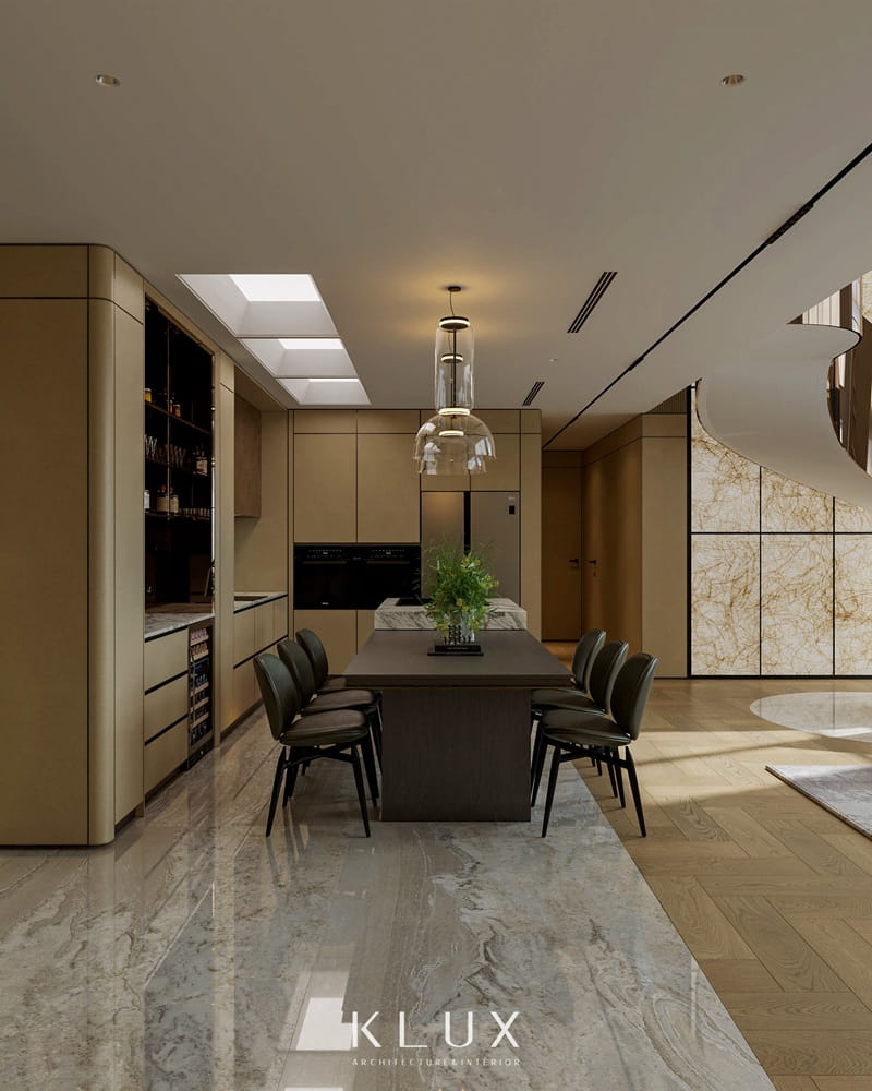 Không gian bếp hiện đại với hệ tủ bếp kịch trần tối ưu không gian lưu trữ 