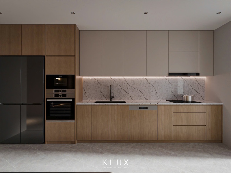 Thiết kế tủ bếp chữ I giúp tiết kiệm diện tích và sắp xếp công năng phù hợp theo thói quen nấu nướng của gia chủ 