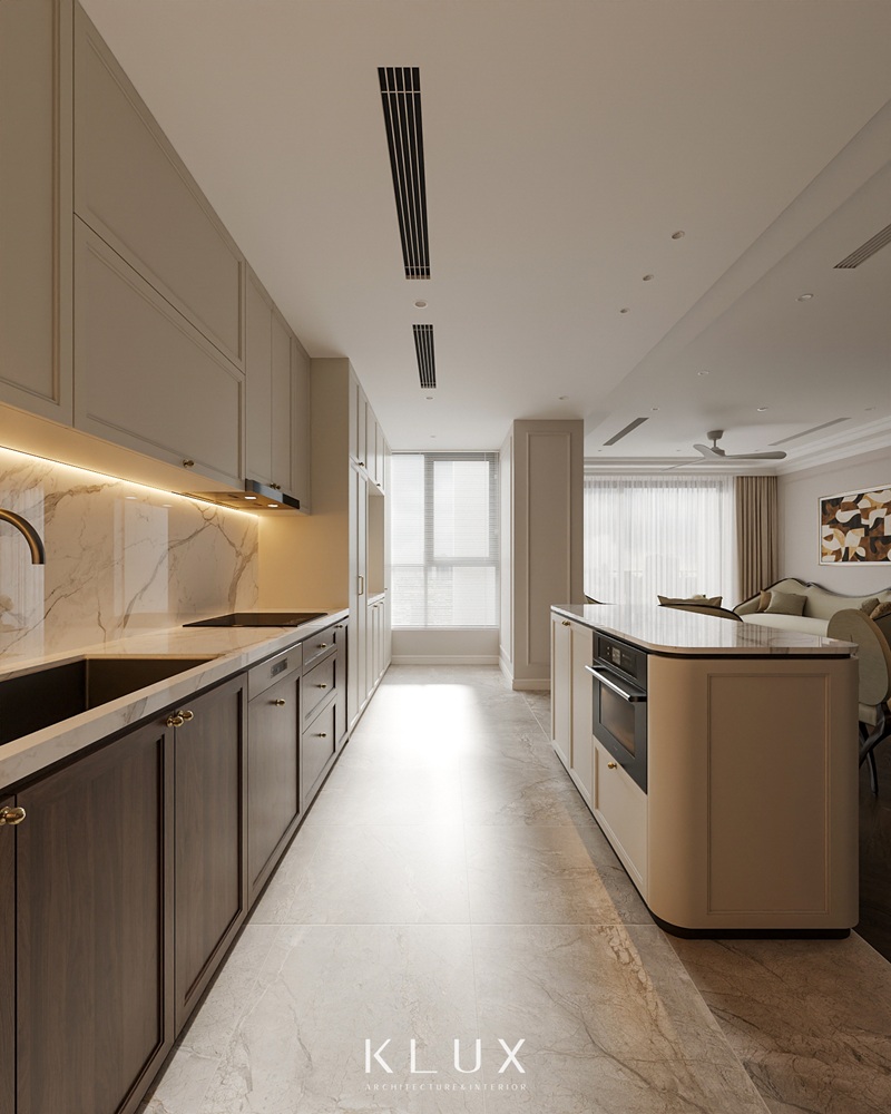 Khu vực phòng bếp được phân tách riêng biệt bằng hệ bàn đảo ở giữa Khu vực phòng bếp được phân tách riêng biệt bằng hệ bàn đảo ở giữa