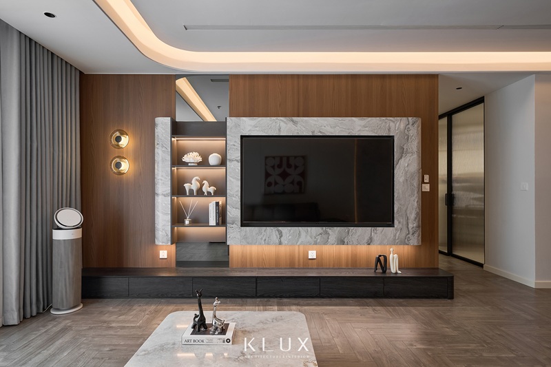 Kệ ti vi trang trí sử dụng tấm ốp vân đá hiện đại, tạo điểm nhấn nổi bật cho phòng khách