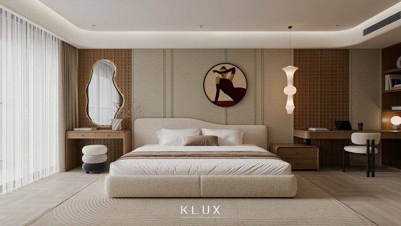 Điểm nhấn của không gian phòng ngủ chính hệ vách ốp nghệ thuật với các đường phào trần bo cong tinh xảo 