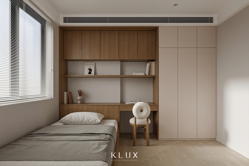 Phòng ngủ đơn giản với hệ tủ lưu trữ gọn gàng và tinh tế 